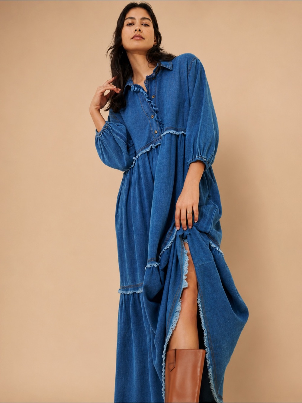 By Anthropologie The Bettina Tiered Denim Shirt Dress Western Boho Womens M